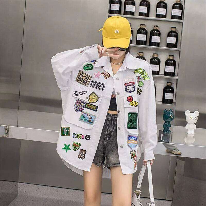 New Blue Jean Jacket Woman American Shirt Fashion Coats Letter Label Loose Denim Coat Medium Long Spring Autumn Tops