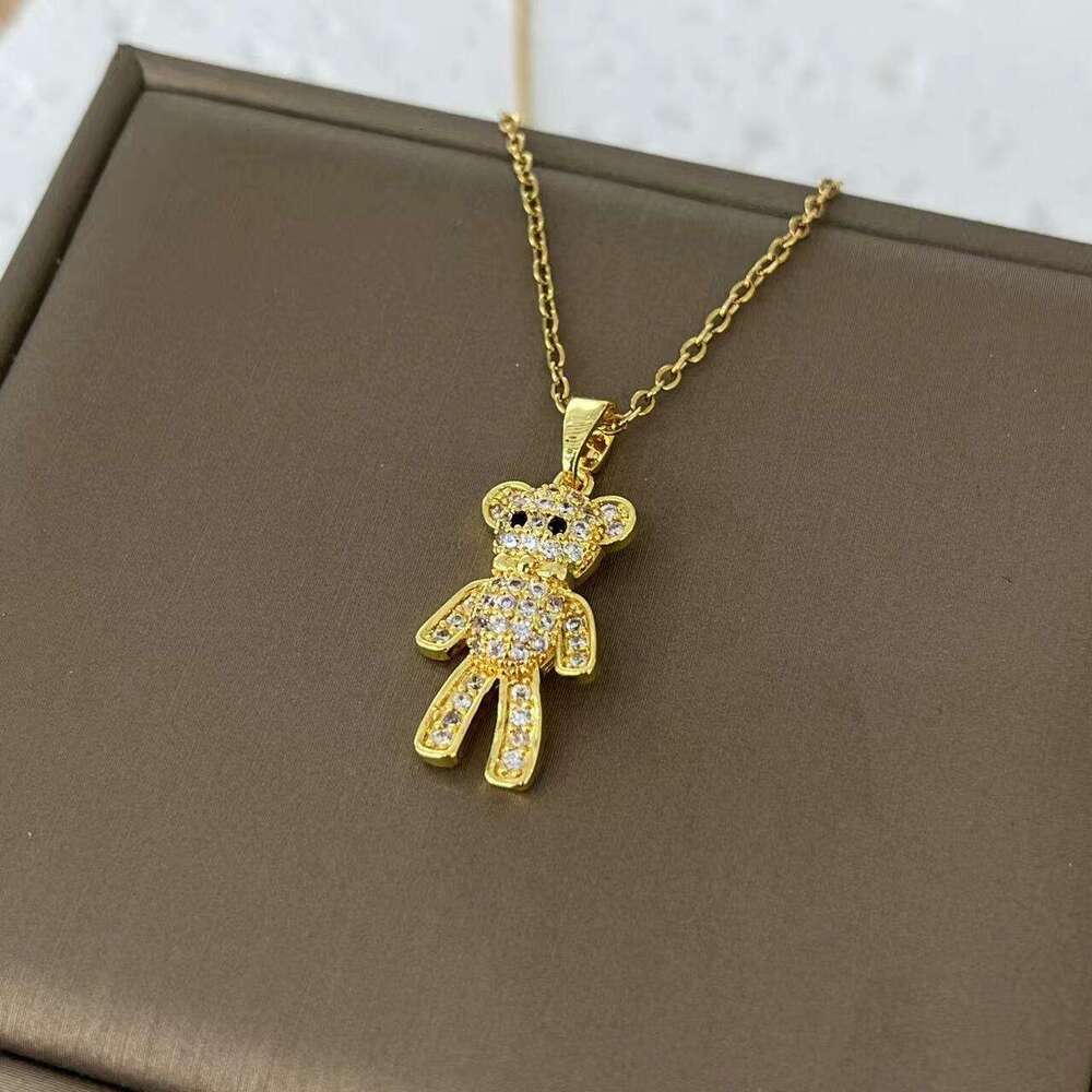 Korean Style New Bear Necklace For Women Copper Gold-Plated Dia-Studded Fashion Versatile Jewelry Non-Fading Titanium Steel Chain F60