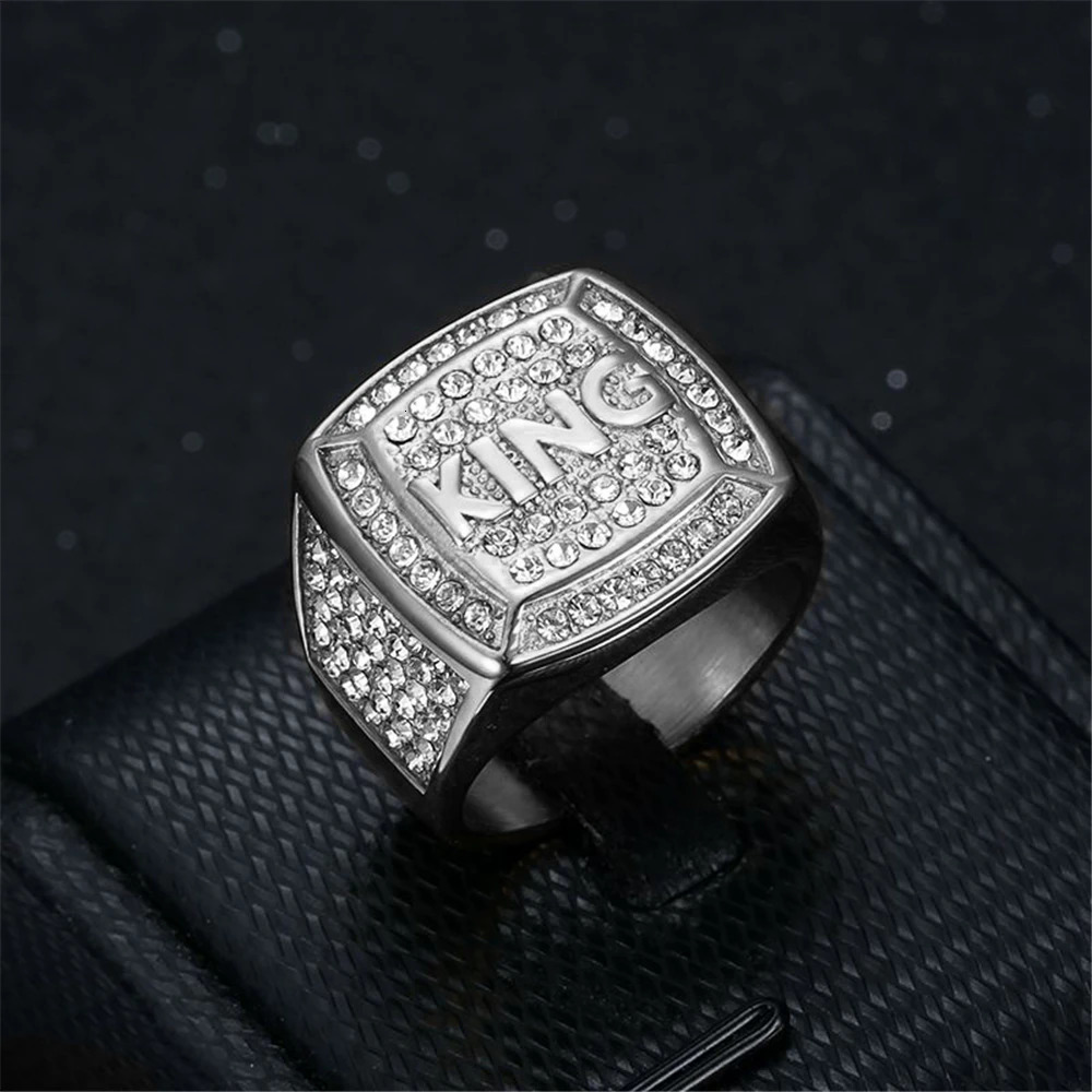CZ Biker King Large Square Ring For Men Silver Color Iced Out Ring Boys Heavy Punk Hip Hop Stainless Steel Jewelry 250716