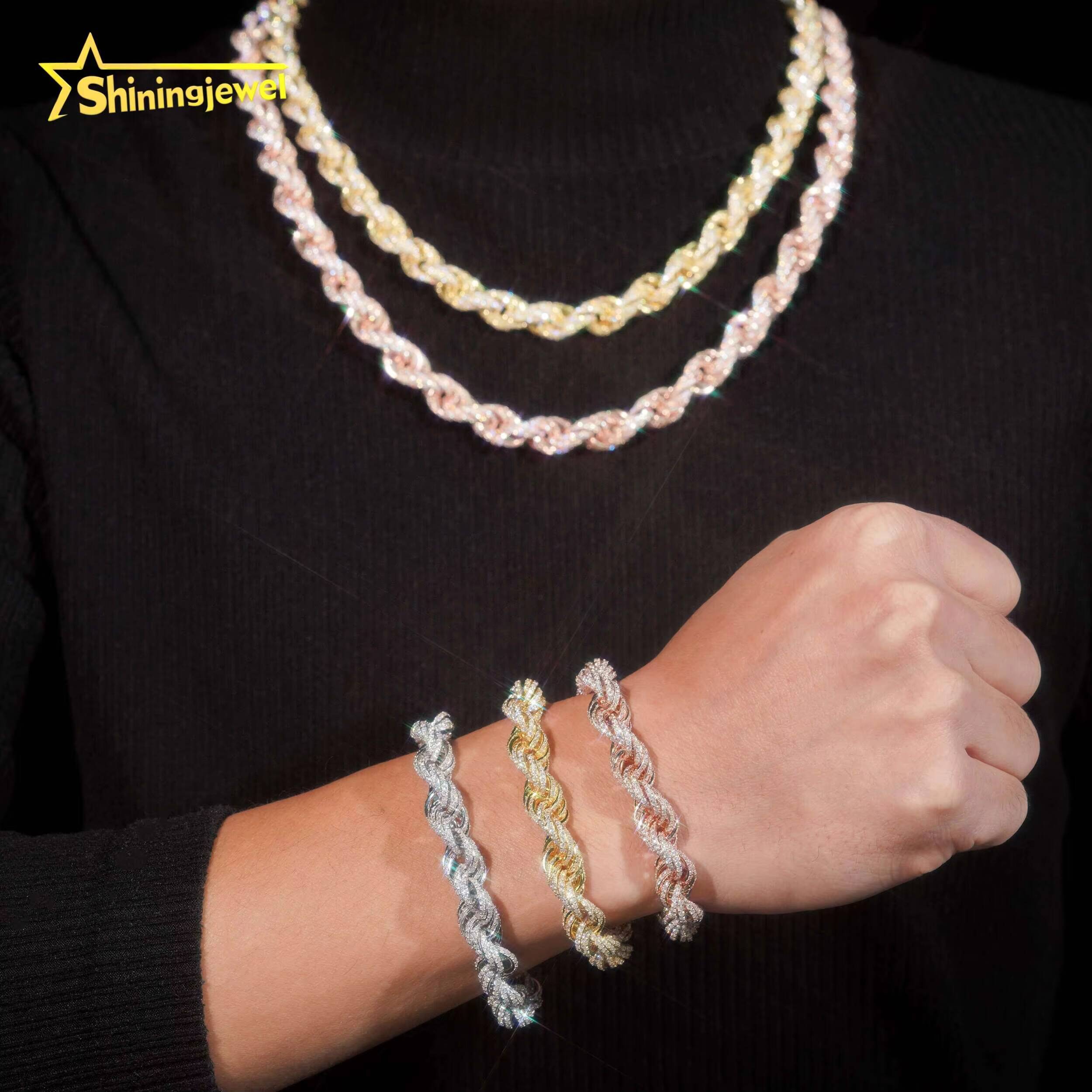 Iced Out Rope Chain Moissanite Cuban Link Chain S925 Gold Plated Pass Diamond Test VVS Moissanite Diamond Iced Chain