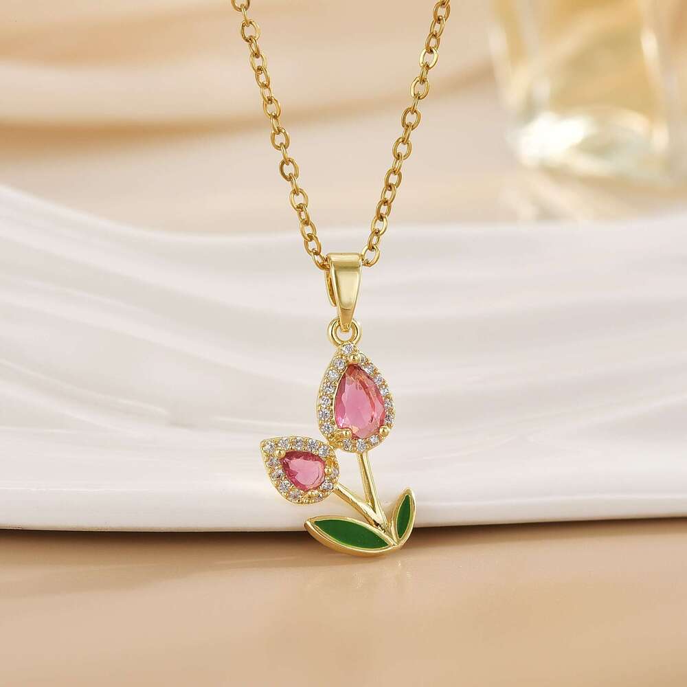 Oil Drop Micro Paved Zircon Colorful Flower Tulip Rose Pendant Necklace For Women Light High-End Feel 3B0