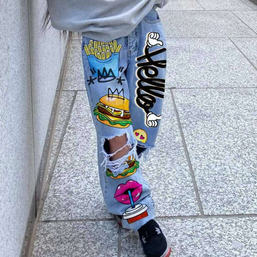 Straight Leg Jeans For Women Personalized Print Pattern Cracked Hole Street Fashion Spring And Summer New Spicy Girls, Y2k, 2024