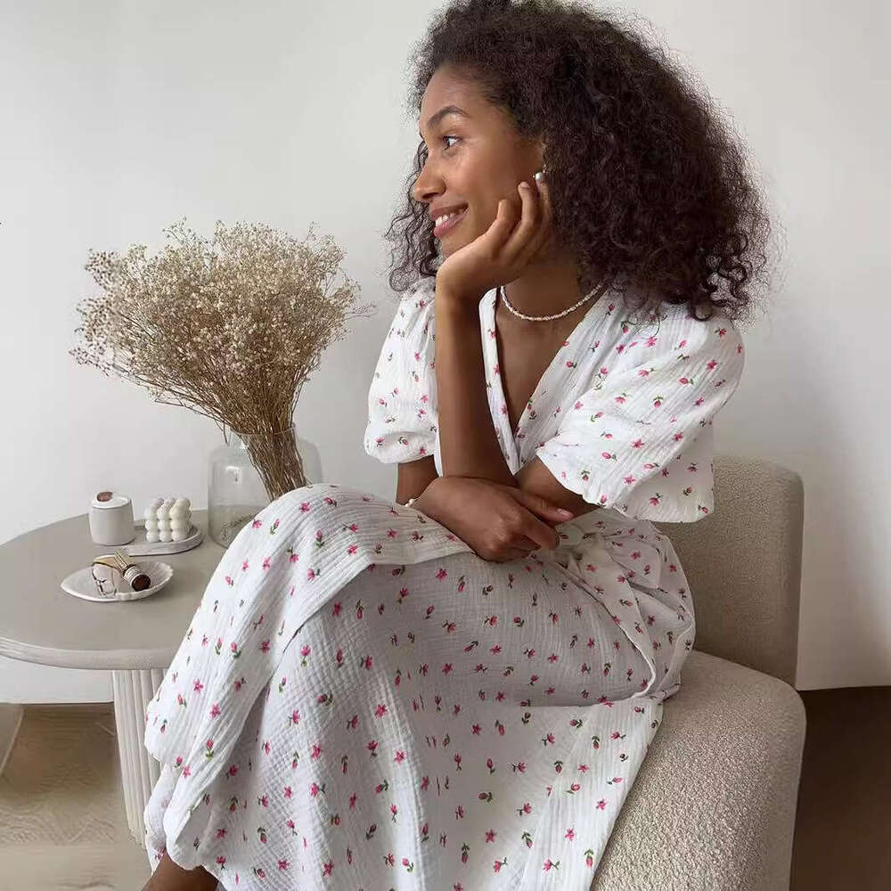 100% Cotton New Women's Puff V-Neck Tie Short Sleeve Printed Dress B5