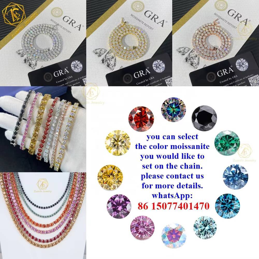 Tennis Necklace Bracelet Rhodium Plated 18K Gold 2mm 3mm 4mm 5mm 6.5mm Round 925 Sterling Silver VVS Moissanite Tennis Chain