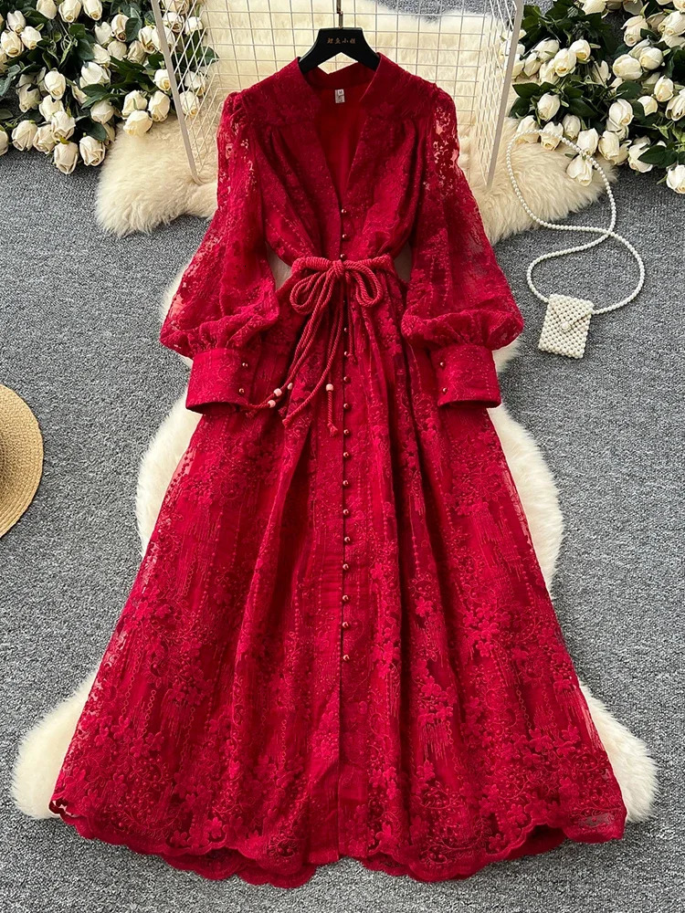 Spring Autumn French High-end Womens Dress Lace Embroidery V-neck Lantern Sleeves Single Breasted Party Birthday Dress C192 250716