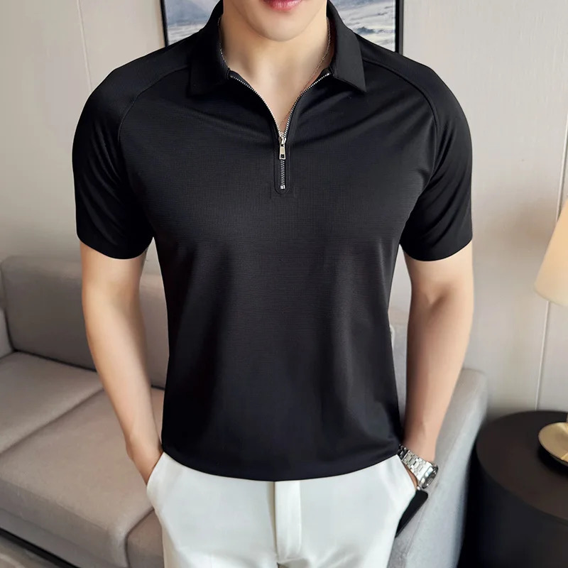 Summer Men Solid Color Polo Shirt Short Sleeve Turn-Down Collar Zipper Tshirts for Men Casual Streetwear Male Tops 250716