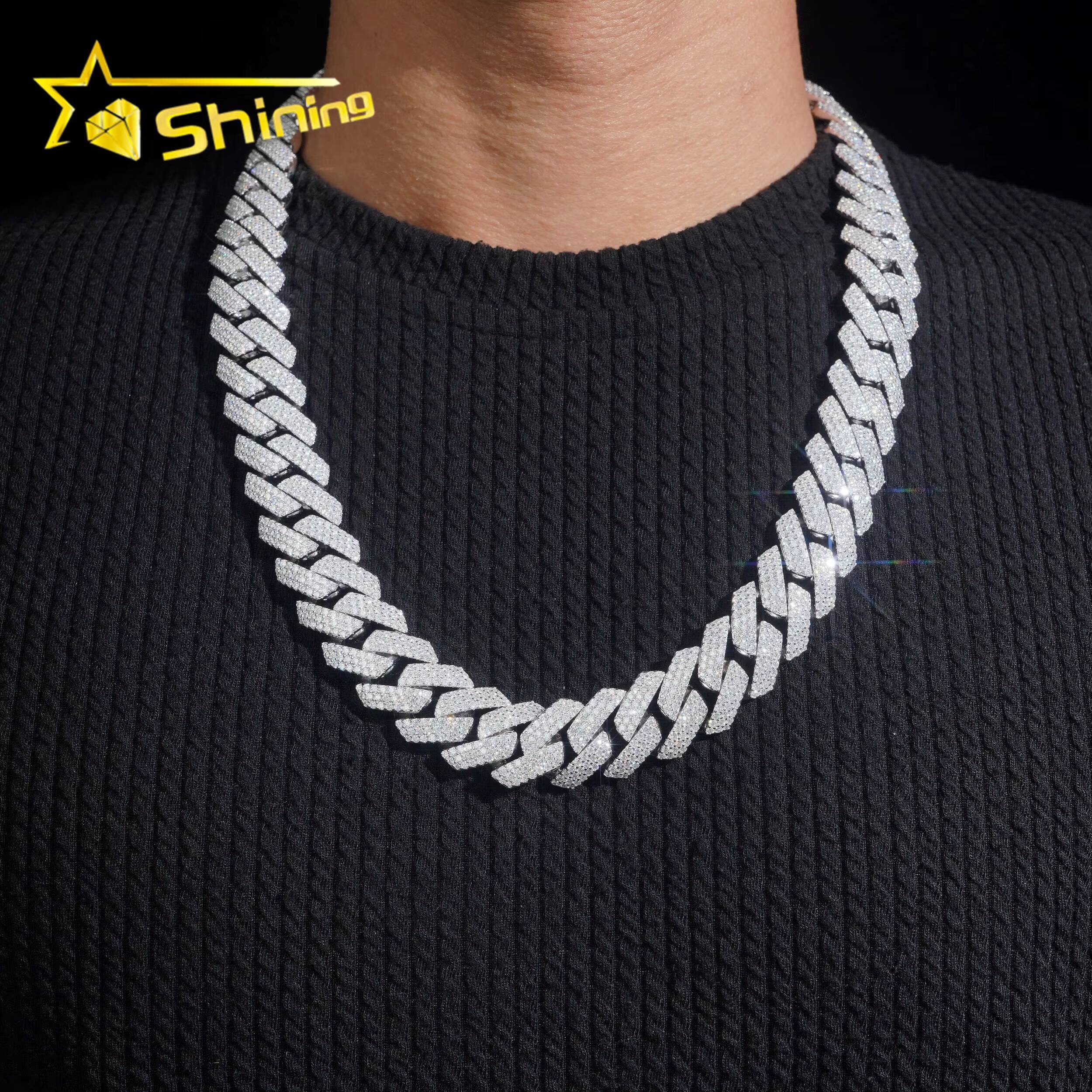 High-end Hip Hop Solid Heavy 20mm Width 3 Rows 925 Silver Iced Out Moissanite Diamond Cuban Link Chain