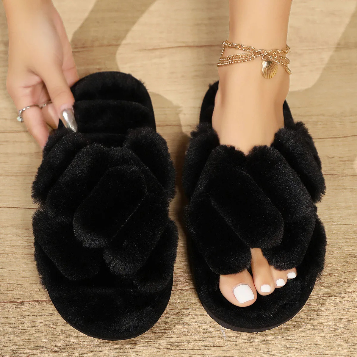Women's Cross Band Slippers Cozy Furry Fuzzy House Slipper Indoor Non Slip Open Toe Slip On Warm Plush Shoes Soft Lightweight 250716