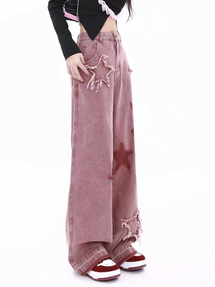American Retro Jeans Five-point Star Raw Edge Splicing Loose Wide-leg Jeans Women Look Thin Trendy All-match Mopping Pants Women R250716