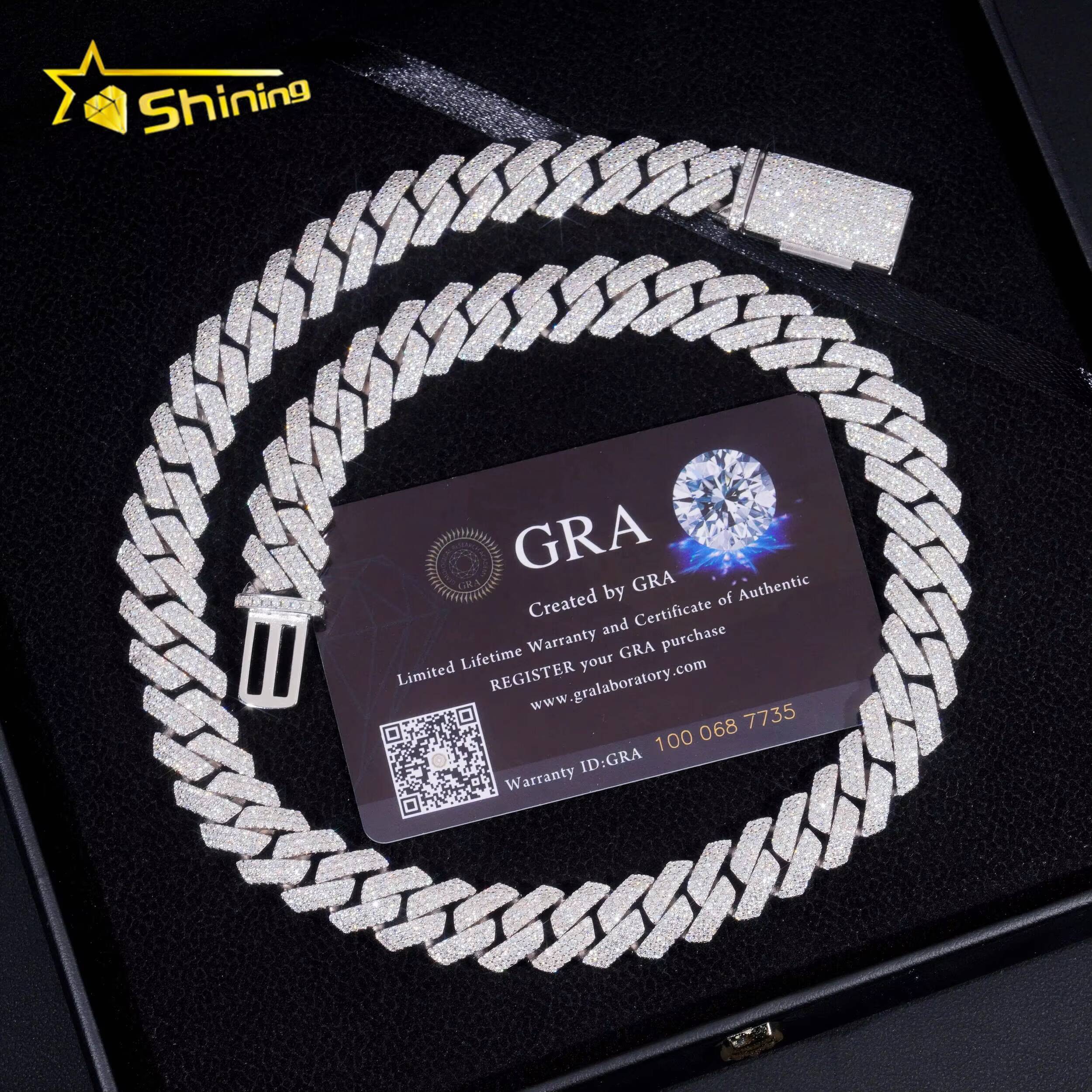 Hot Sale Hip Jewelry GRA Certificate 14mm Three Row 925 Silver Moissanite Iced Out Cuban Link Chain