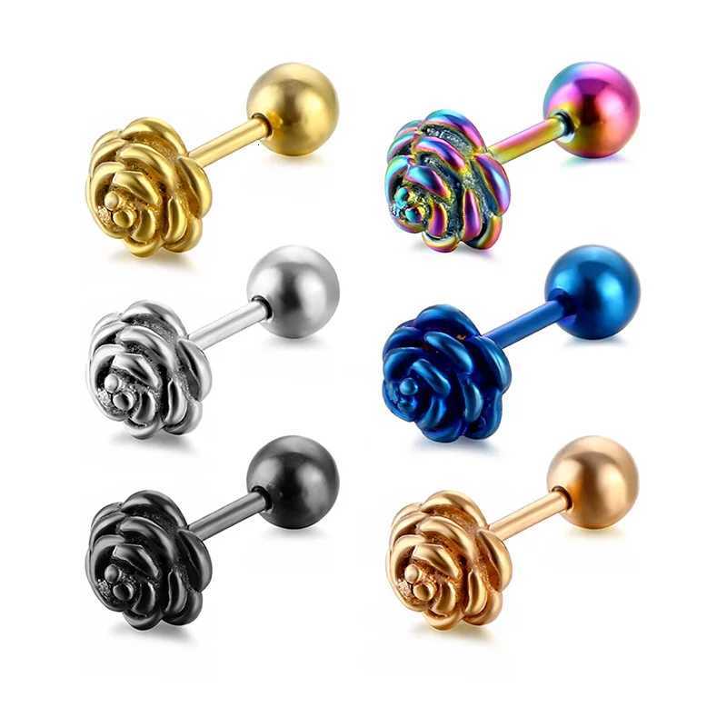2Pcs/1Pair Blooming Roses Stud Earrings For Women Stainless Steel Screw Ball Ear Cartilage Studs Charm Jewelry y250715