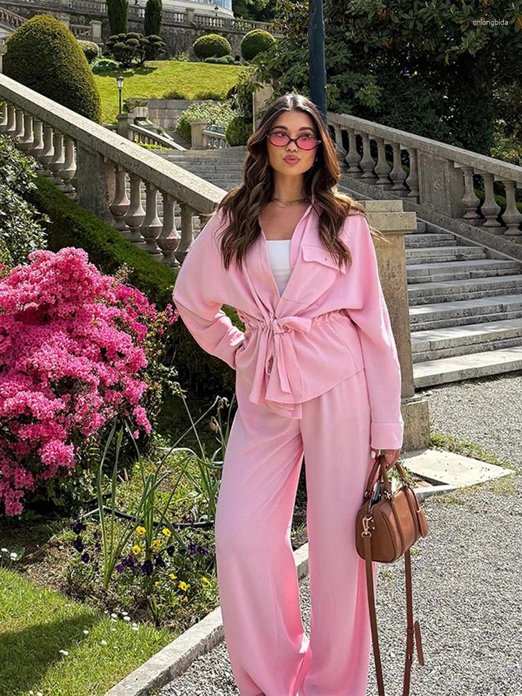Women's Blouses Casual Shirt Pants Set Women Loose Long Sleeve Lapel Single Breasted Top Wide Drawstring Trousers 2025 Summer Solid Outfits