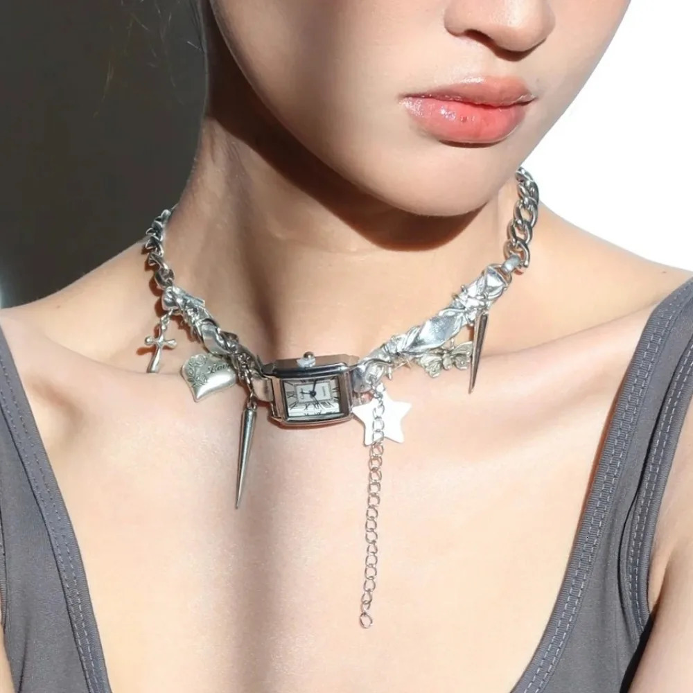 Fashion Star Watches Pedant Choker Heart Cross Gothic Rivet Necklace Women Neck Jewelry Accessories Y2K Tassel Necklace Ladies 250716