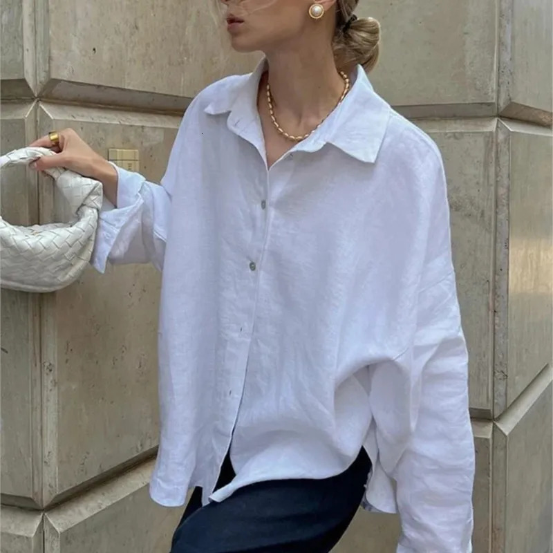 D.Nale K White Womens Linen Shirts Elegant Long Sleeve Loose-Fitting Woman Blouse Vintage Basic Top Collar Shirt for Women 250715
