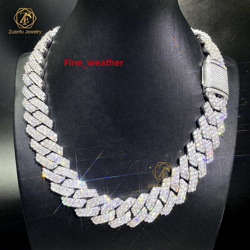 High Quality Hip Hop Jewelry 20mm 925 Sterling Silver VVS Moissanite Diamond 2 Rows Iced Out Cuban Link Chain Necklace for Men