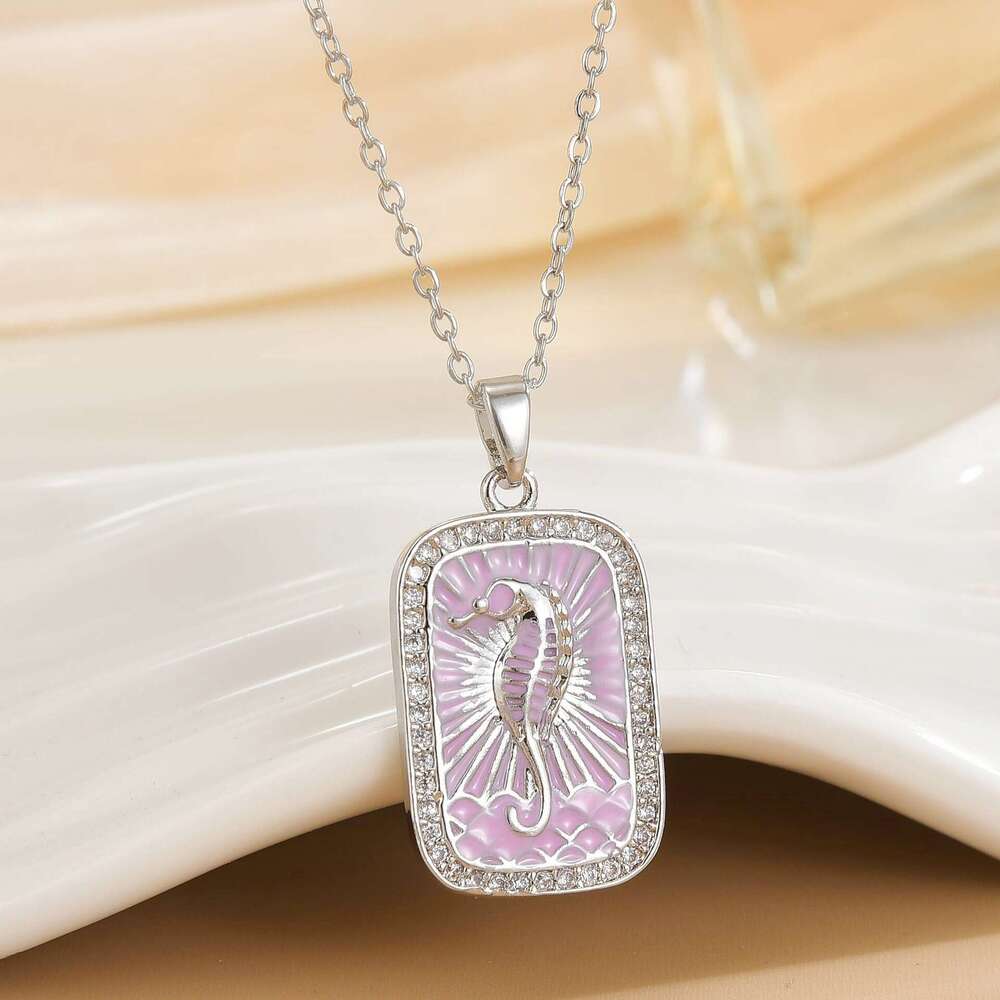 Vacation Style Colorful Tarot Card Necklace Square Inlaid Zircon Pendant Seahorse Dolphin Palm Tree Marine Life Clavicle Chain For Women F38