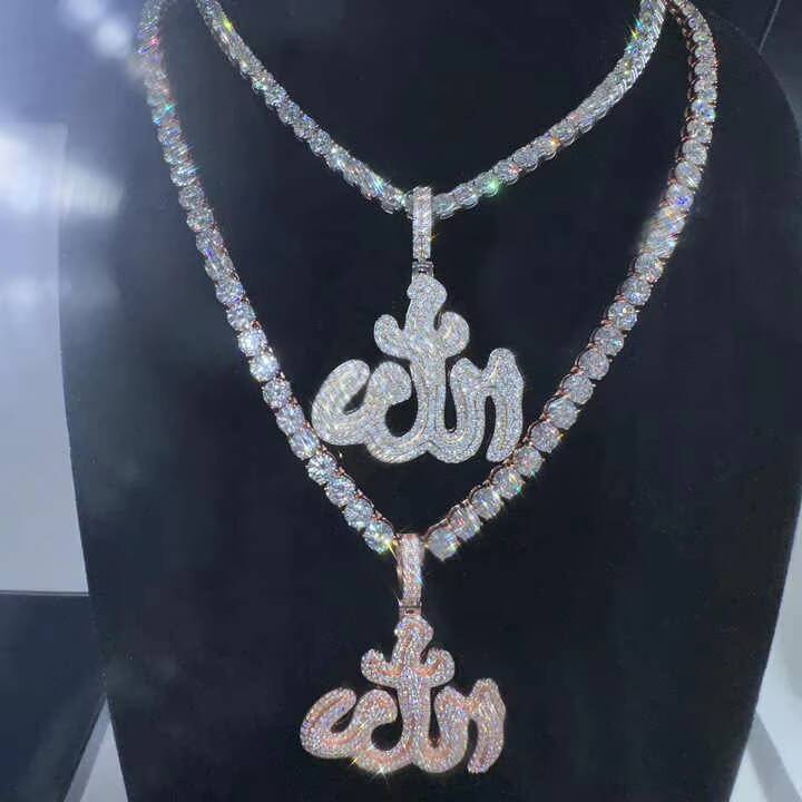 Hip Hop 925 Silver 18K Gold Plated Full Pave Vvs Moissanite Diamond Iced Out Allah Initial Chain and Pendant Silver Moissanite