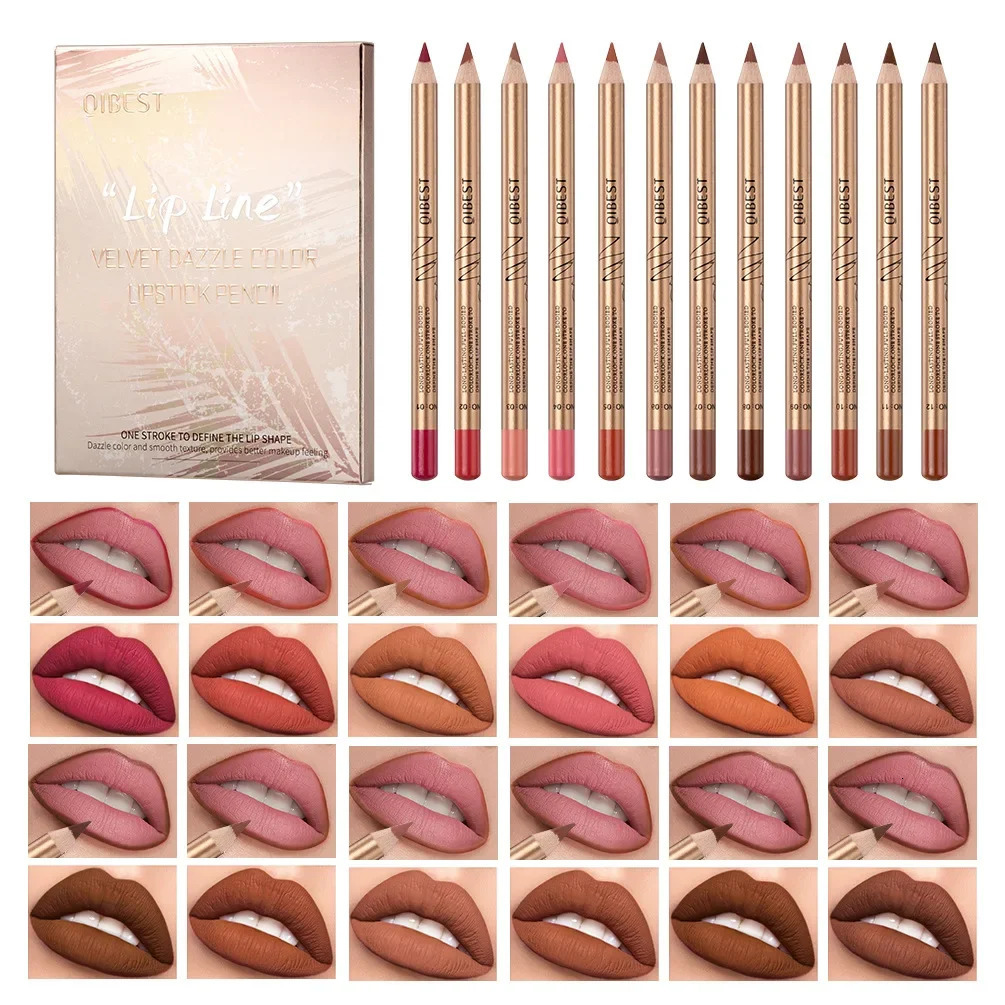 QI 12 colors matte lip liner set colorful not easy to smudge long-lasting non-stick cup matte gold tube lip liner cosmetic 250716