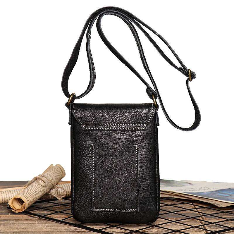 Retro Flip Black Small Shoulder for Men Genuine Leather Sling Crossbody Bags Minority Design Man Simple Mobile Phone Bag