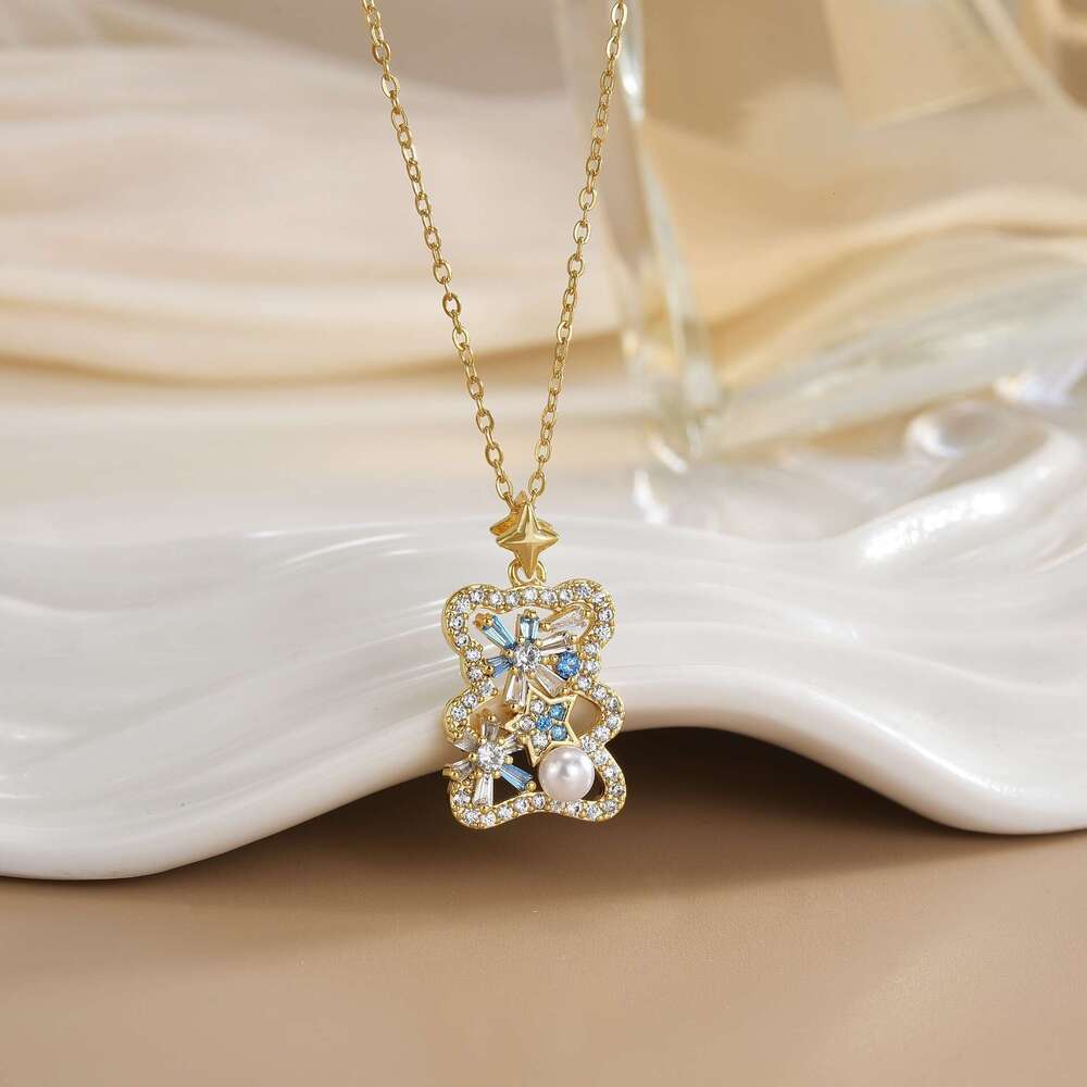 Gold-Plated Copper Micro-Paved Zircon Bear Cookie Design Necklace Collarbone Chain Jewelry Accessories 4A2
