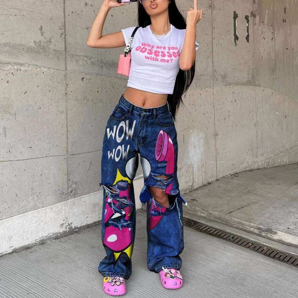 Straight Leg Jeans For Women Personalized Print Pattern Cracked Hole Street Fashion Spring And Summer New Spicy Girls, Y2k, 2024