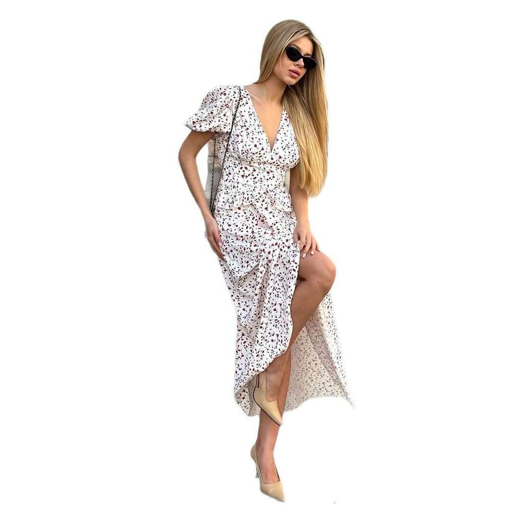 Floral V-Neck New Summer Printed Waist-Cinching Long Puff Sleeve Dress For Women B5