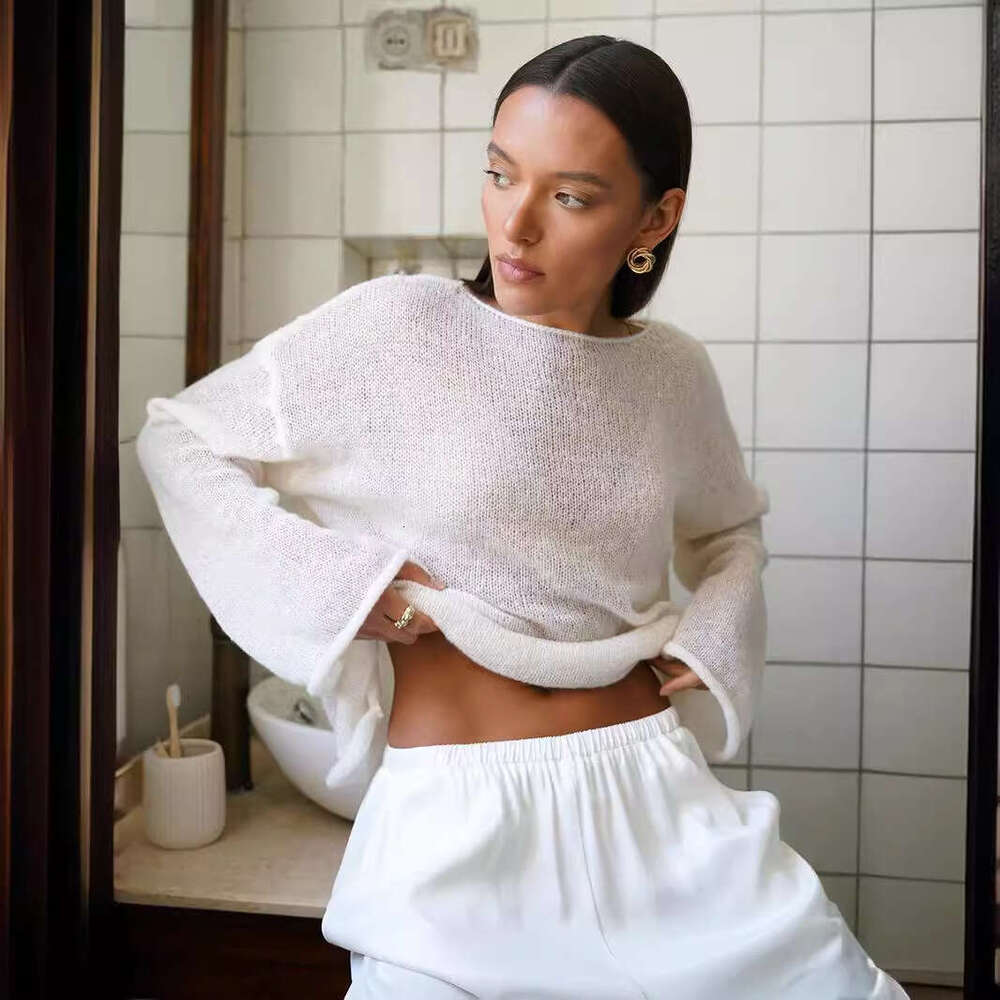 Spring Summer New Women's Hollow Out Sweater, Sheer Thin Large Round Neck Flare Sleeve Knit T-Shirt B5