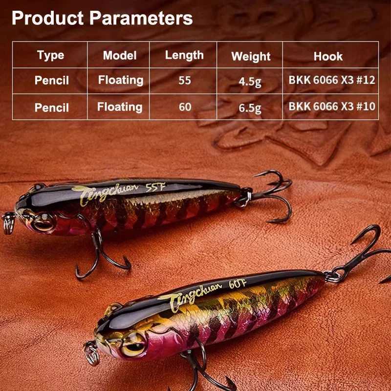 Tingchuan 2023 New 4.5g/55mm 6.5g/60mm Floating Pencil Water Surface Fishing Lure Artificial Catfish Bait Tackle Fishing Bait Z250717