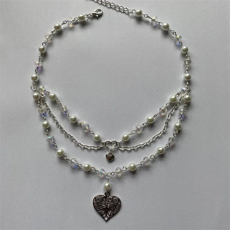 Pearls Butterfly Heart Fairycore Choker Necklace Y2K Pixie Fairycore Cottagecore Rosary Necklace 250715
