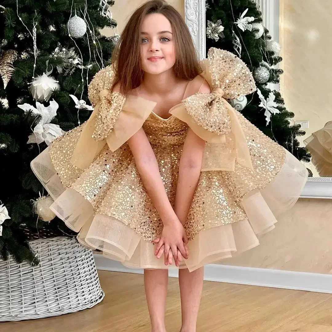 Champagne Flower Girl Dress For Wedding Glitter Shining With Bow Cute Baby Pageant Dress Princess First Communion Ball Gowns Z250716