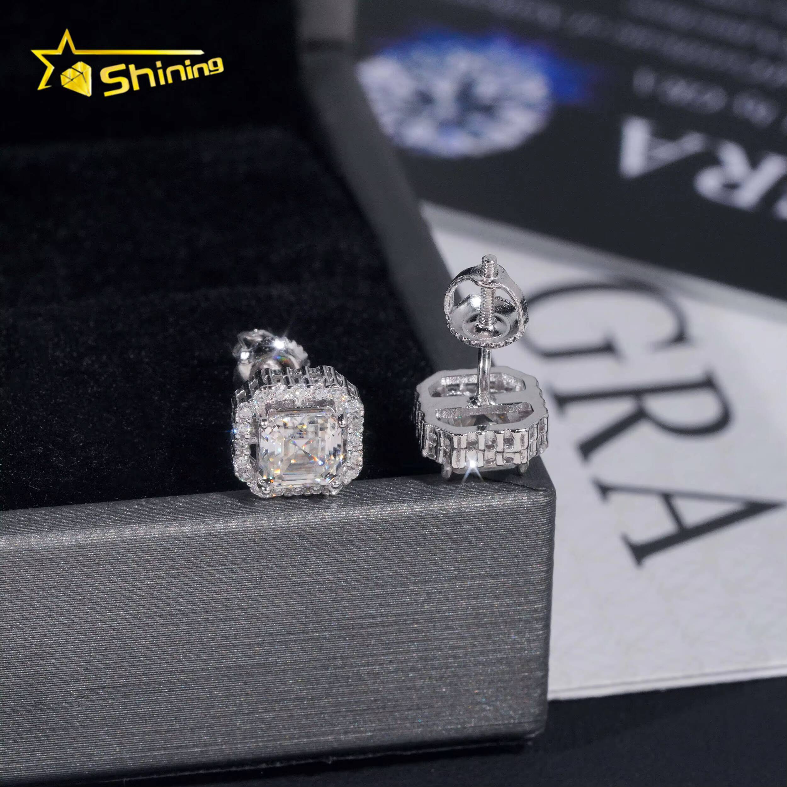New Stocks Men Women D Color VVS Asscher Cut Moissanite Stud Earrings Fashion Jewelry 925 Silver Hip Hop Earrings
