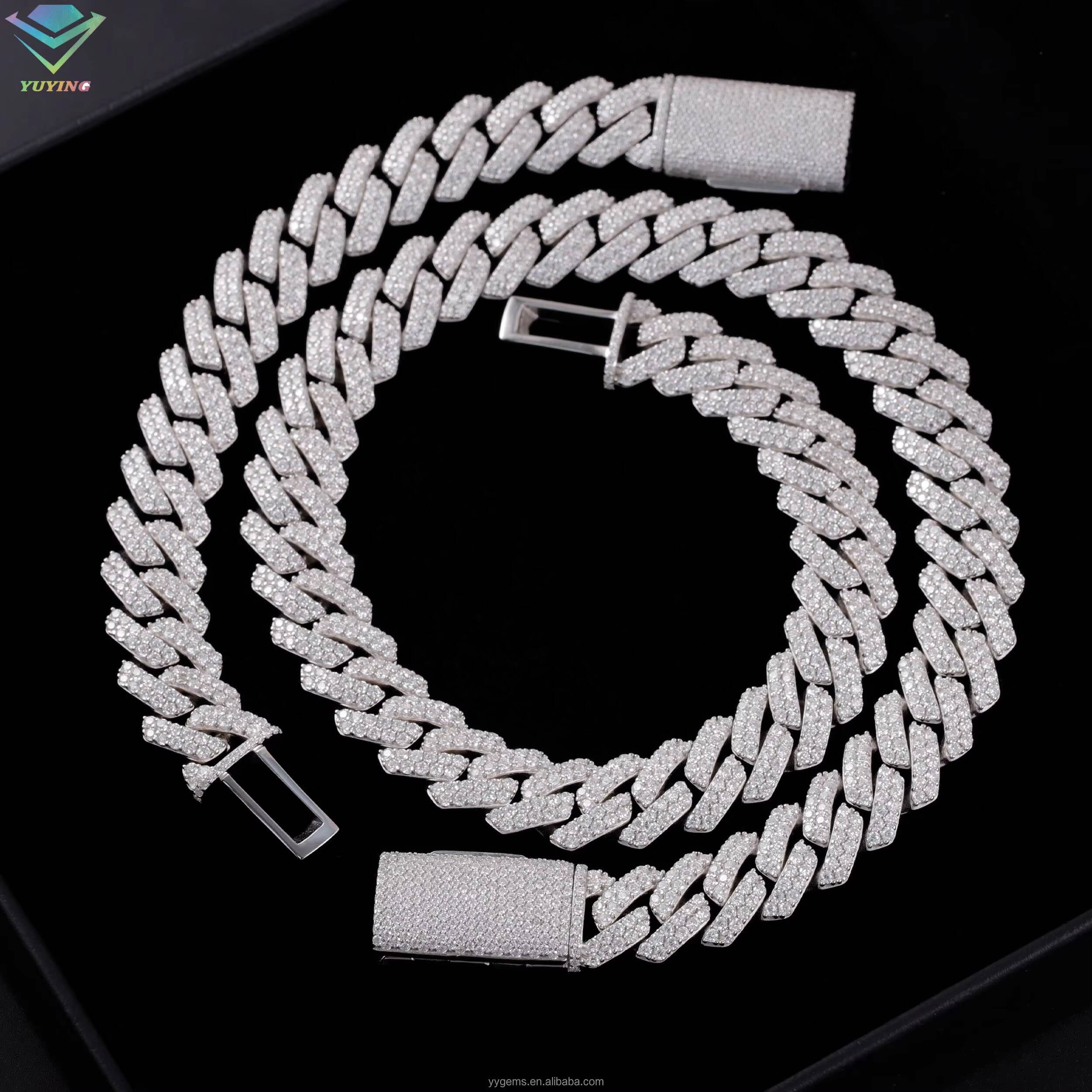Hot Sale VVS Mossanite Cuban Chain Jewelry 2rows 15mm Wide 925 Solid Silver Iced Out Diamond Cuban Link Chain Hip Hop Necklace