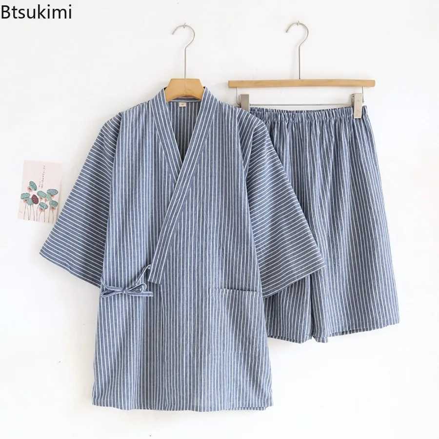 2025 Mens Summer 00% Cotton Pajama Sets Loose Bathrobes V-Neck Kimono Pajamas Striped Half Sleeve and Shorts Mens Homewear Suit W250717