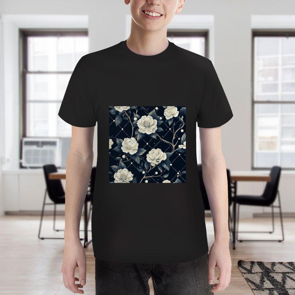 ddmywed Boy and girl Children's T-shirt T-shirt with an image of white roses on a dark background