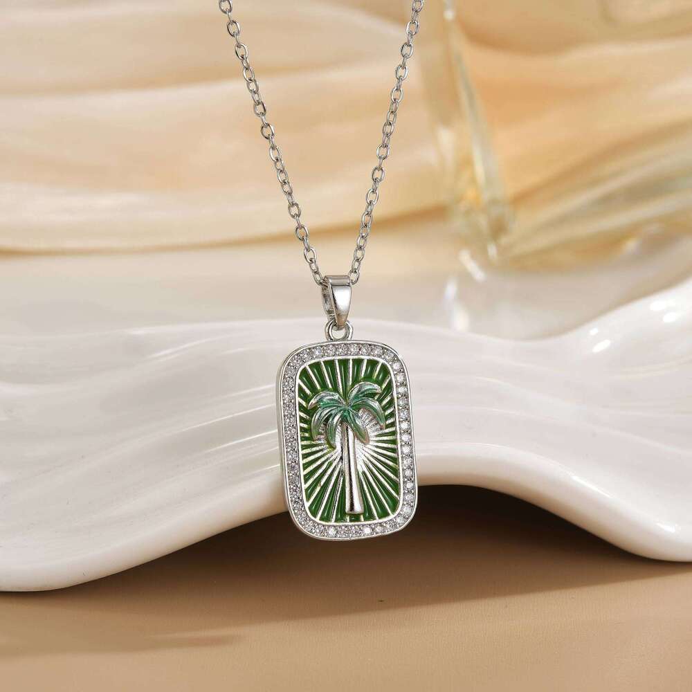 Vacation Style Colorful Tarot Card Necklace Square Inlaid Zircon Pendant Seahorse Dolphin Palm Tree Marine Life Clavicle Chain For Women F38