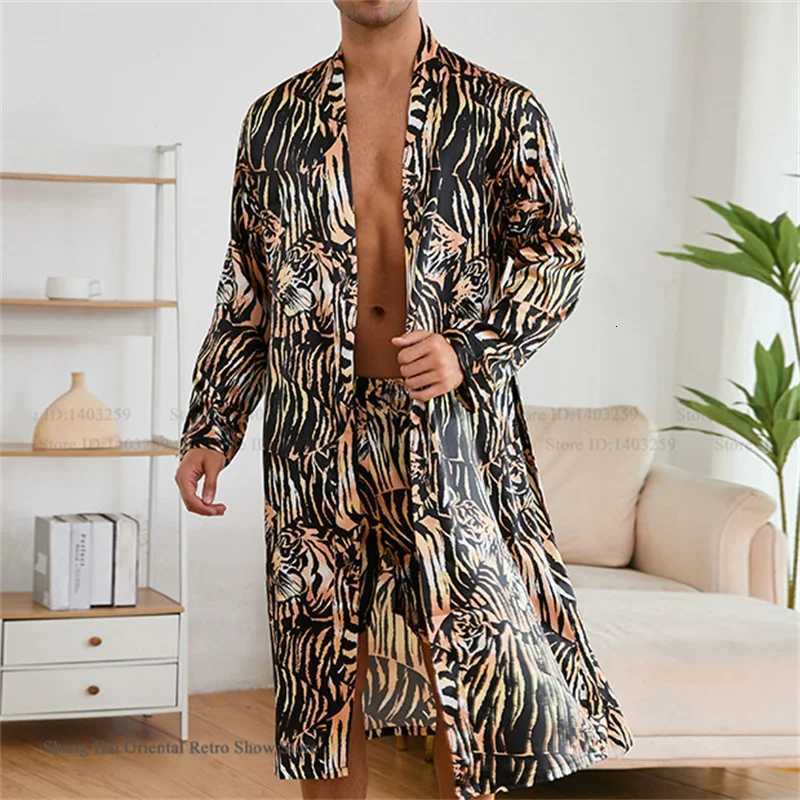 Mens Ice Silk Sleepwear Kimono Bathrobe Gown Long Robe Pajamas Two Piece Set Print Tiger Loose Casual Homewear Lounge Wear W250717