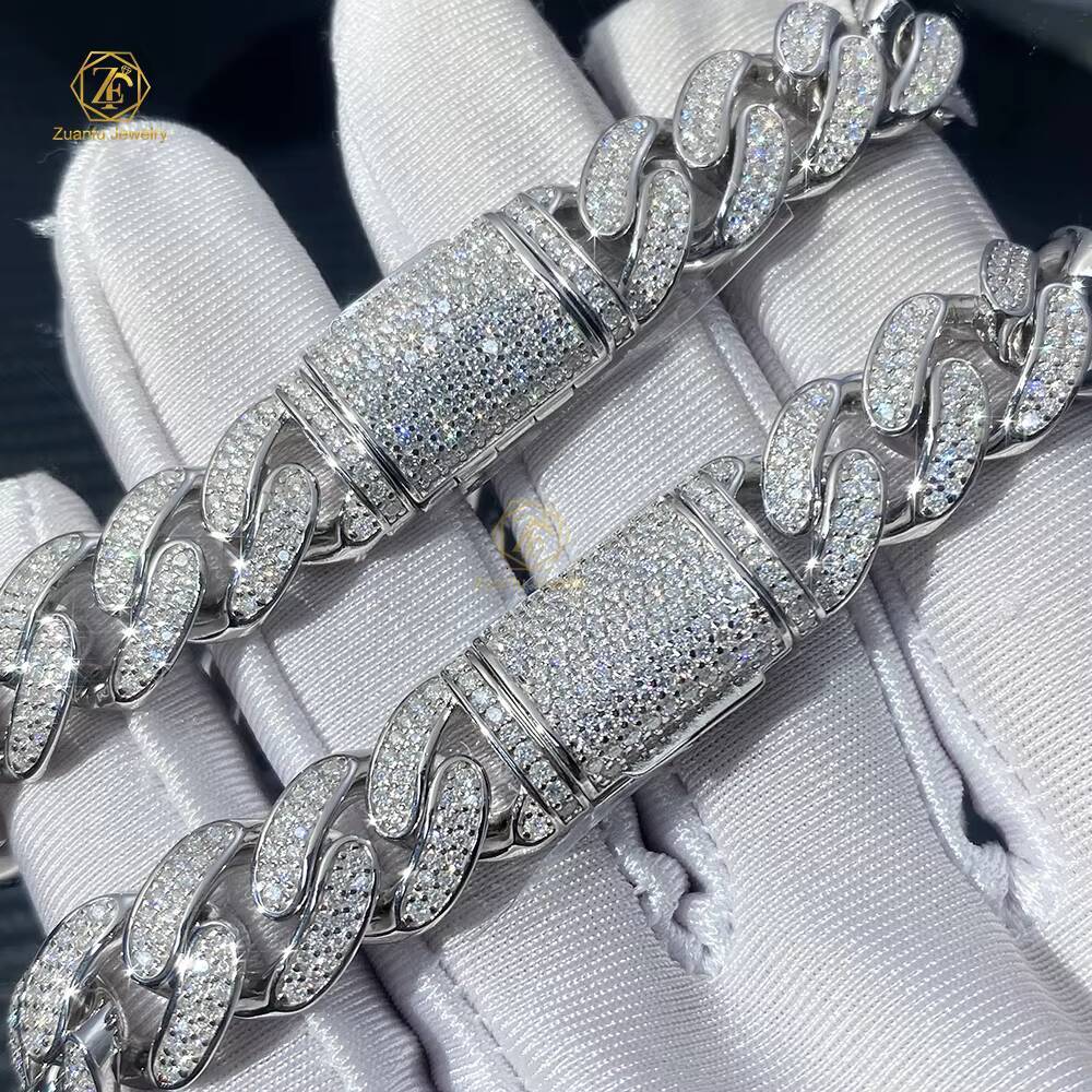 VVS Moissanite Cuban Chain 925 Silver Prong 8mm-20mm Iced Out Hip Hop Cuban Link Necklace and Bracelets for Men and Women