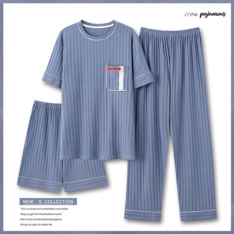 Mens Fashion Summer 3-Piece Pajamas Set Short Sleeve Round Collar Cotton Homewear Plus Size 5XL Shorts Loungewear Pajamas W250717