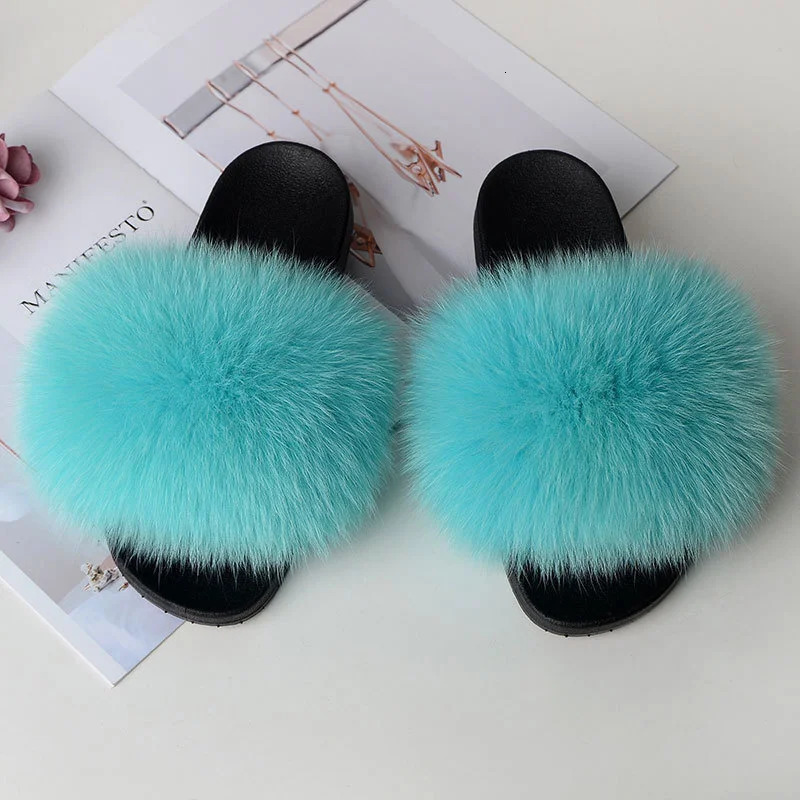 Fur Slippers Summer Women Real Fox Fur Slides Home Furry Flat Sandals Non-Slip Fluffy Flip Flops Ladies Woman Cute Plush Shoes 250716