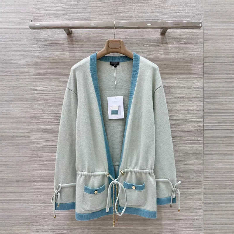 cha Women's Sweaters Designer 25 autumn New Color-Block Trim Belt Drawstring Cashmere Long Cardigan Fashion Casual tops