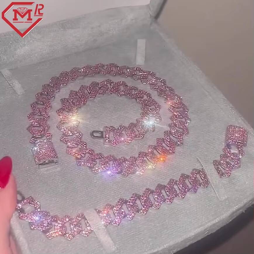 Iced Out Hiphop 15mm Cuban Link Chain Pink Moissanite Bracelet Necklace Set 925 Silver Moissanite Cuban Chain