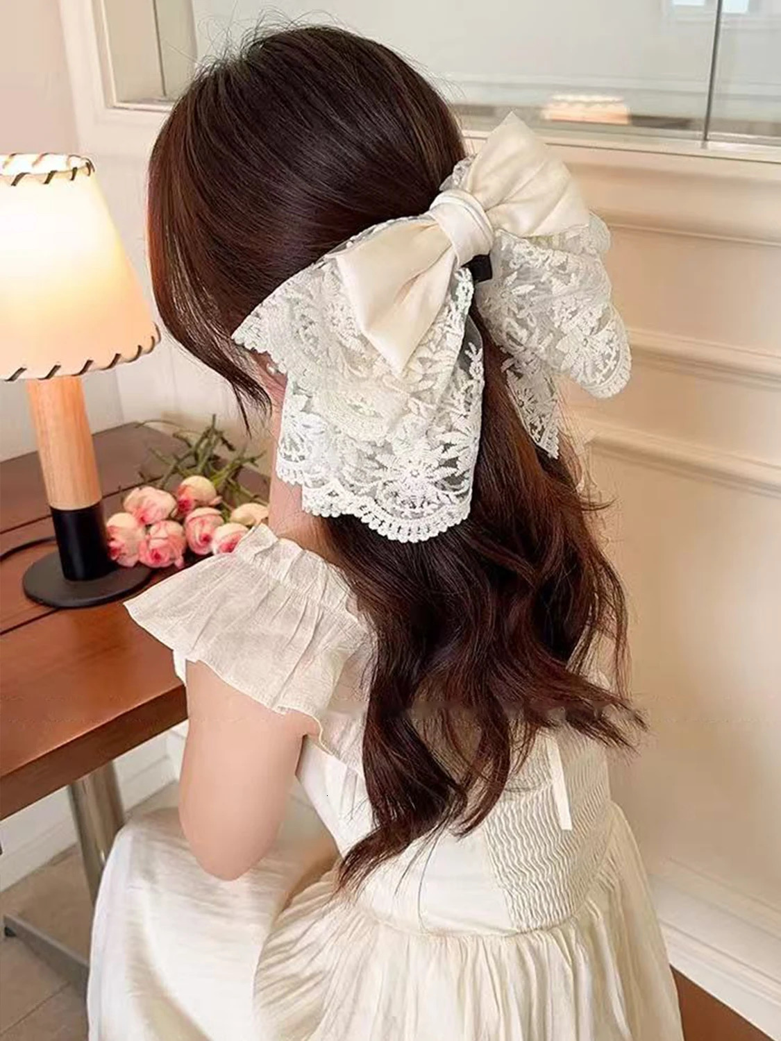 1pc French Elegant Ballet Style Lace Satin Bow Ponytail Hair Clip Gentle and Sweet Shark Clip Hair Ornament on the Back of head 250716