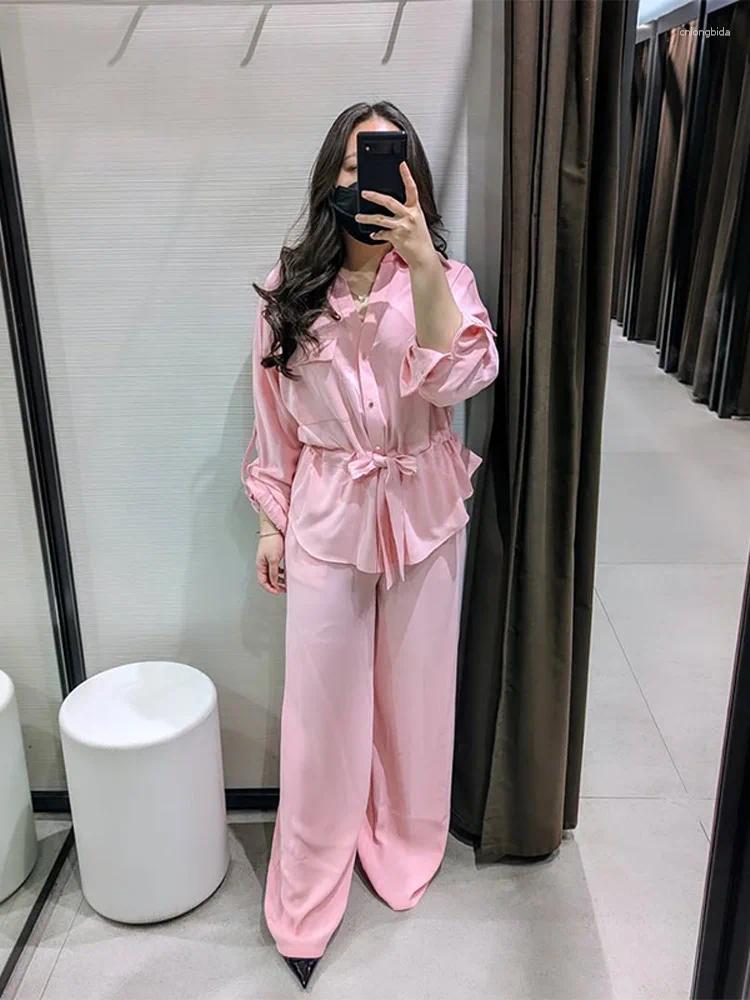 Women's Blouses Casual Shirt Pants Set Women Loose Long Sleeve Lapel Single Breasted Top Wide Drawstring Trousers 2025 Summer Solid Outfits