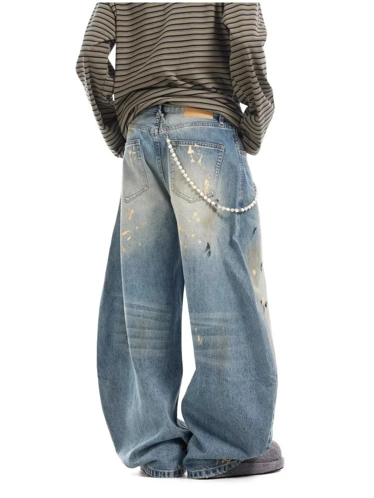 2025 Cyber Y2K Streetwear Paint Graffiti Blue Baggy Jeans Pants For Men 90S Vintage Clothes Distressed Wide Leg Denim Trousers 250716