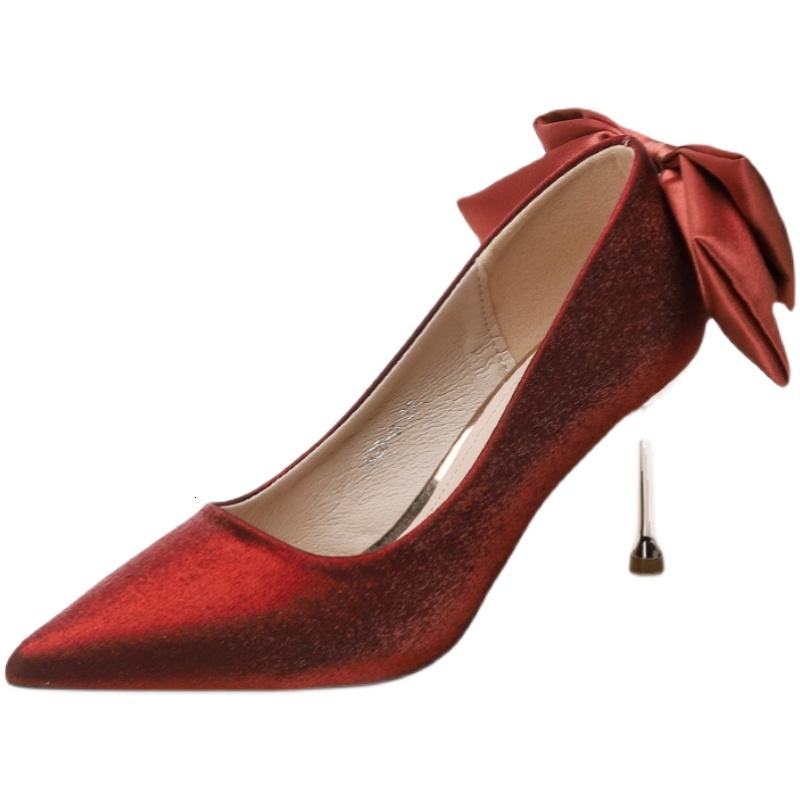 Satin for Women Bride Red Elegant Xiuhe Wedding Dress Two-Way Toast Shoes French Style High Heels Comfortable ddmysaturn