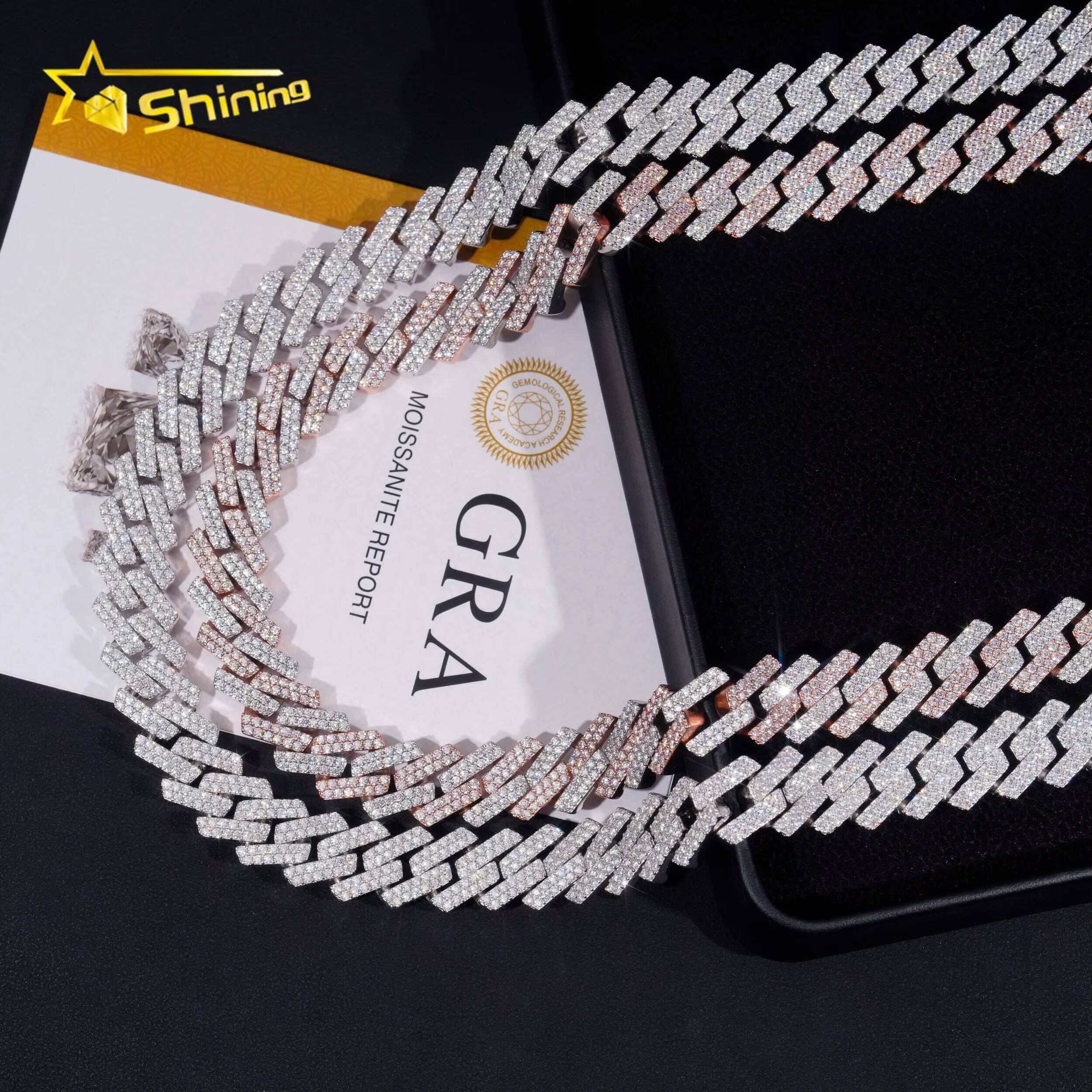Hip Hop Jewelry High Quality 15mm Two Row Popular 925 Silver Moissanite Iced Cuban Link Chains