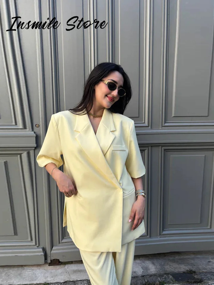 Casual One Button Blazers Women Loose Solid Lapel Half Sleeve Pockets Suit Jackets 2025 Spring Summer Office Lady Outwear 250715