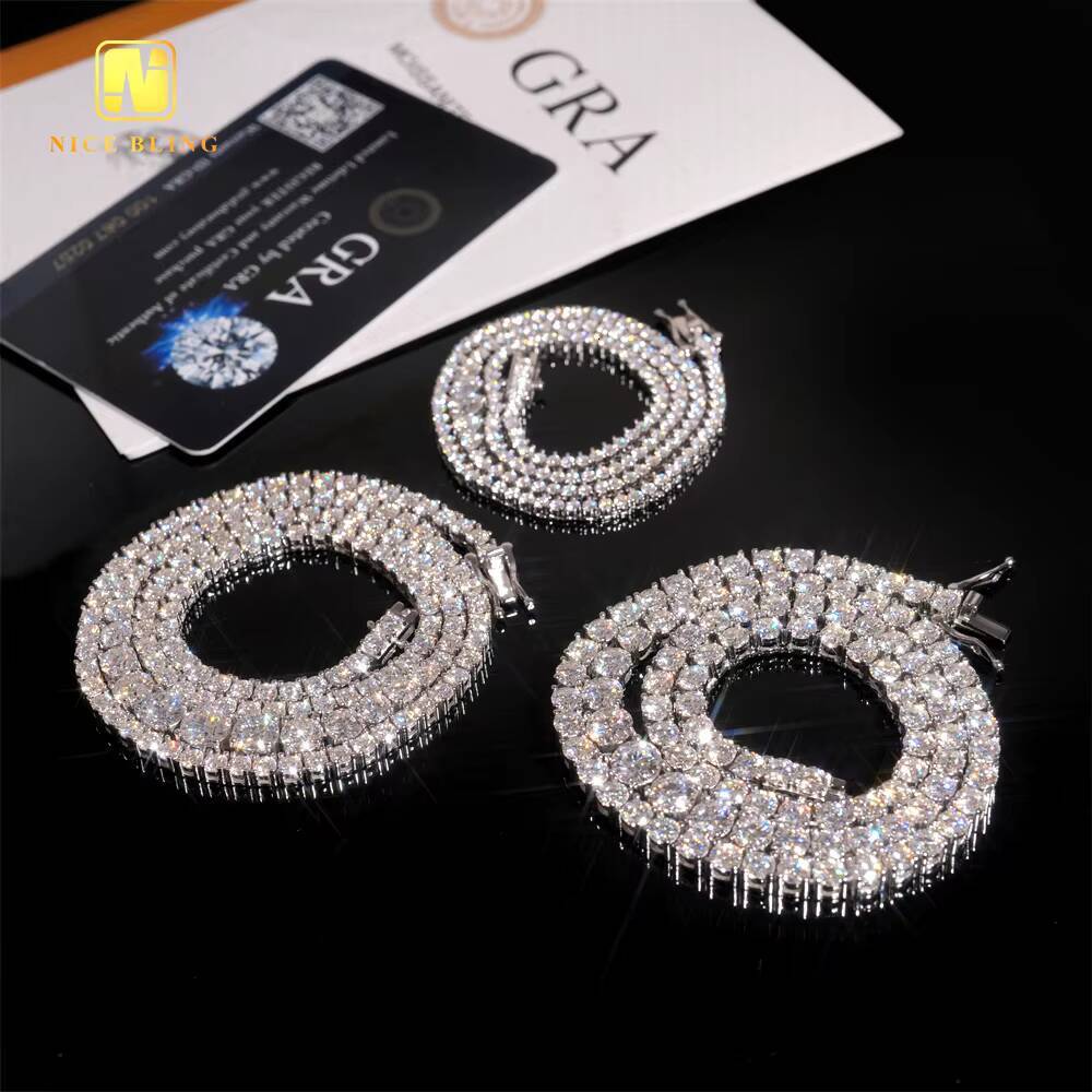 GRA Certificate 2mm 3mm 4mm VVS Moissanite Tennis Chain 925 Silver Hip Hop Jewelry Bracelet Necklace Iced Out Diamond Link Chain