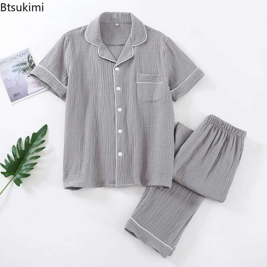 2025 Mens Pajama Sets 100% Cotton Crepe Casual Homewear Two Pieces Short Sleeve Tops and Pants Men Simple Lounge Sleepwear Suit W250717