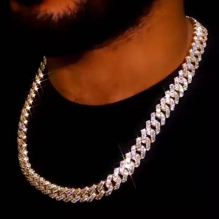 Customized 18mm Cuban Link Moissanite Diamond Chain High Quality 925 Sterling Silver with Yellow Gold Finish Jewelry Piece